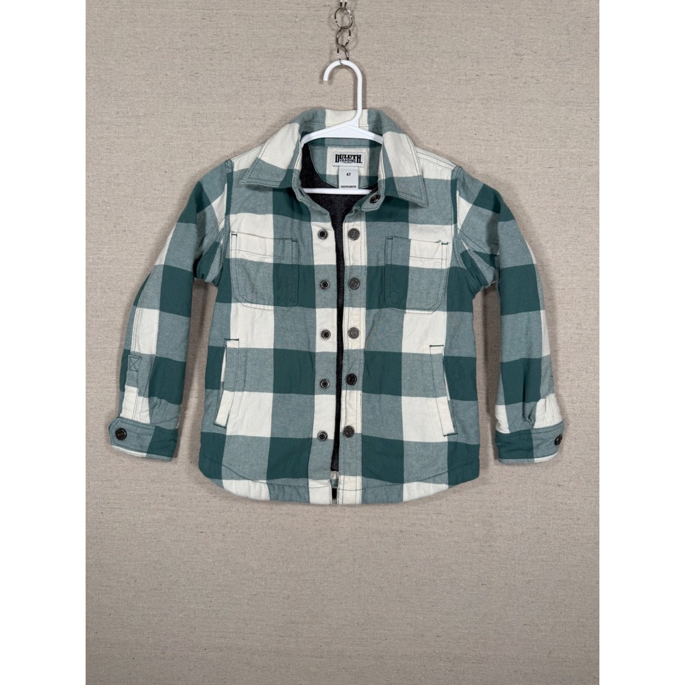 Duluth Trading Co Kids 4T Fleece Lined Flannel Shirt Jacket Teal Buffalo Plaid